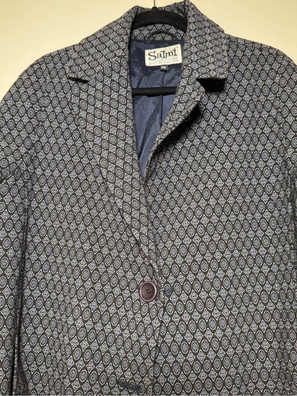 Salmi Patterned Single-Button Coat in Navy & White VTG Size 42
